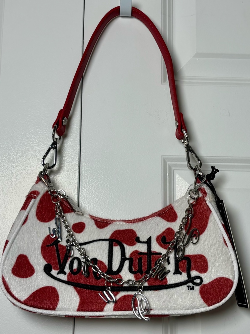 Von Dutch Red Cow Print Classic Logo Shoulder Handbag